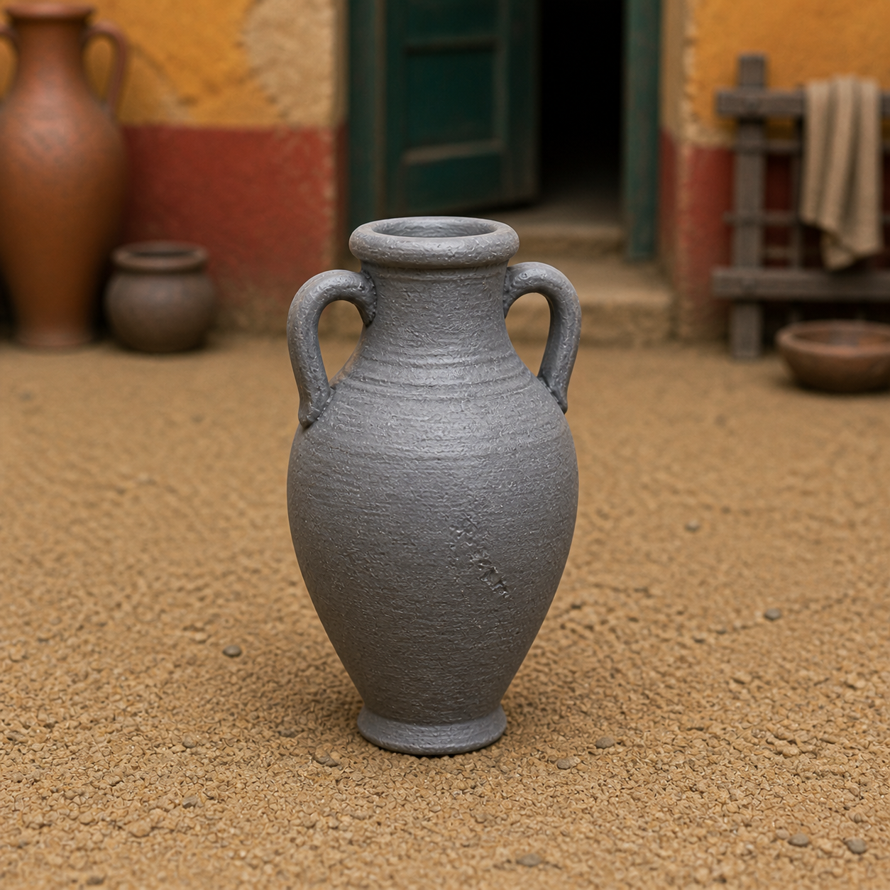 Amphora by Door - tall Roman storage amphora standing by an entrance, 1:35 scale grey resin miniature.