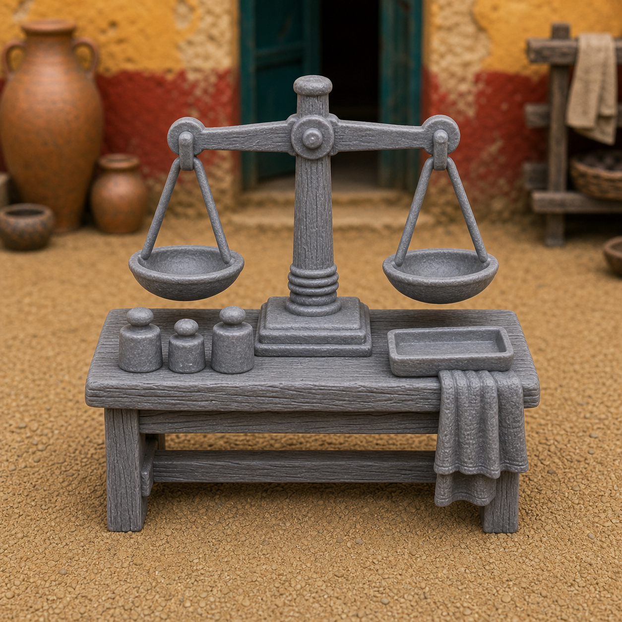 Small Weighing Scale — Roman bronze hand-balance with two pans, 1:35 scale grey resin miniature.