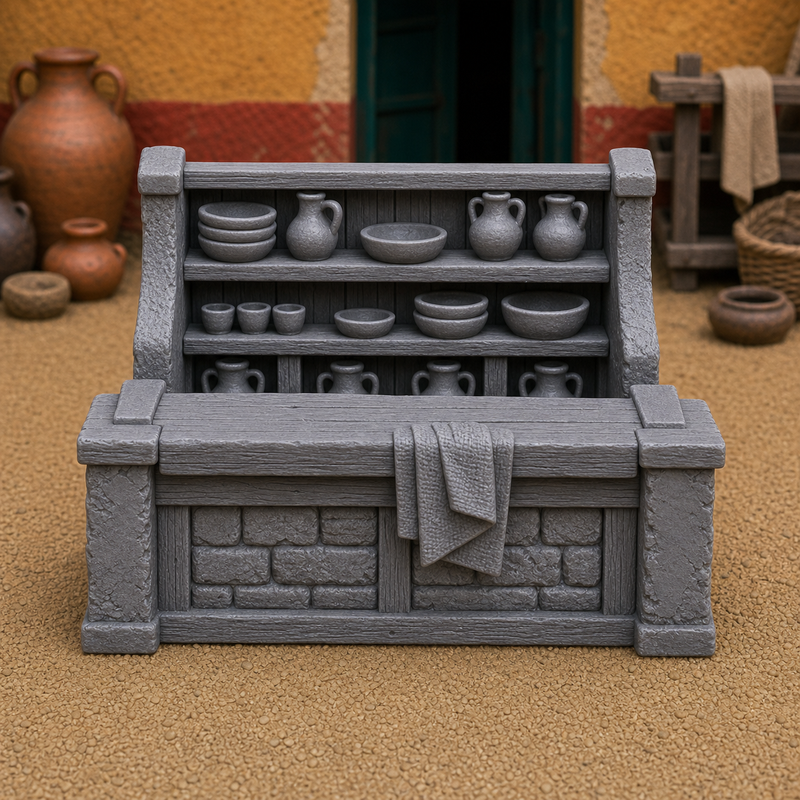 Taberna Counter Front — Roman shop counter with embedded dolia jars, 1:35 scale grey resin miniature.