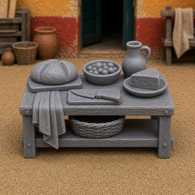 Street Food Prep Table — Roman thermopolium prep counter with bowls, herbs, and cooking implements, 1:35 scale grey resin miniature.