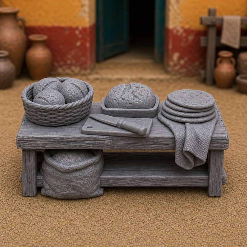 Bread Basket Stall — Roman pistor's market stall with stacked round loaves, 1:35 scale grey resin miniature.