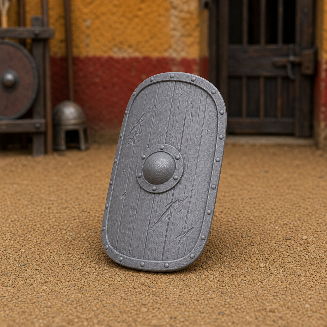 Training Shield — Roman scutum oversized weighted practice shield, 1:35 scale grey resin miniature.