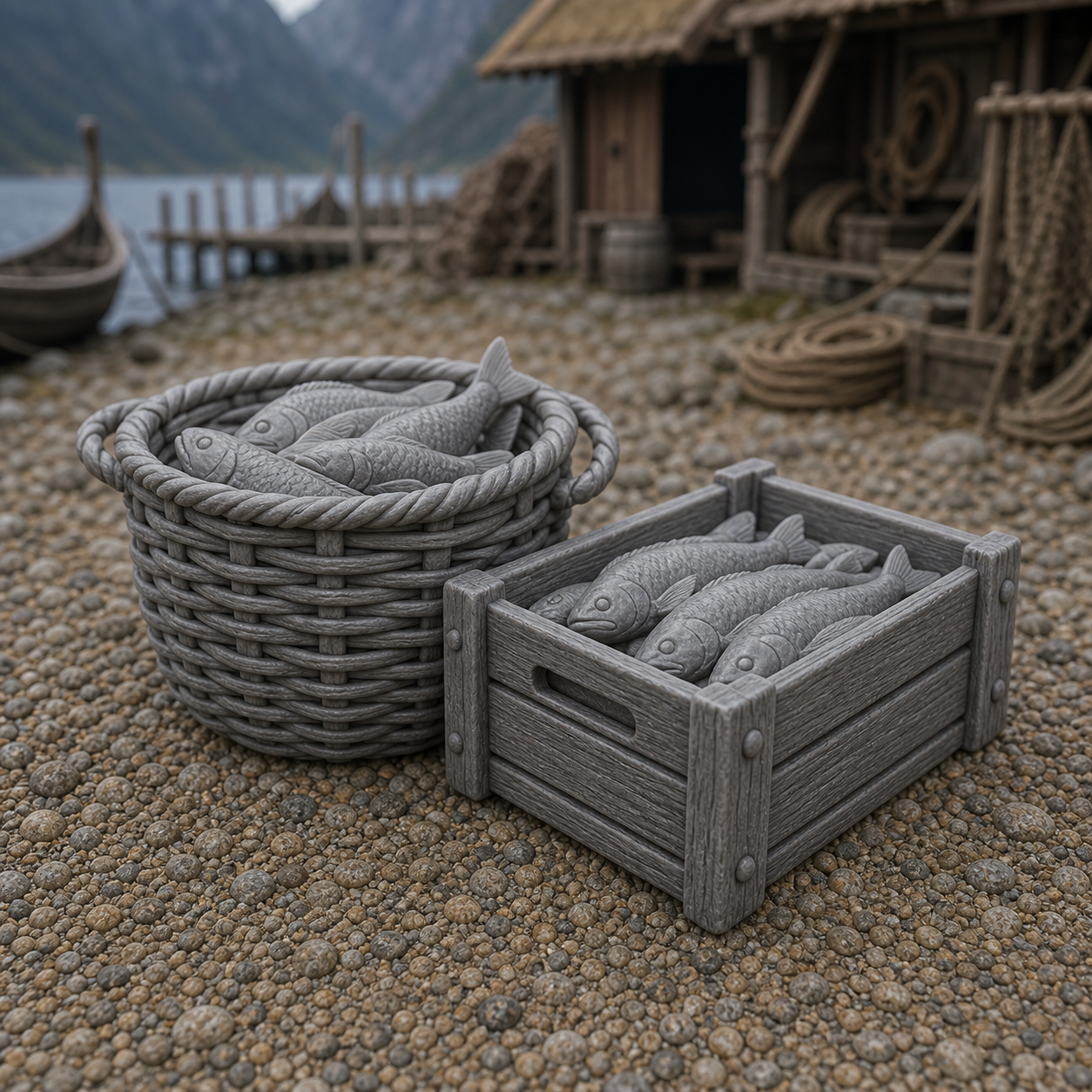 Fish Basket Crate - Viking woven crate of cleaned fish ready for trade, 1:35 scale grey resin miniature.