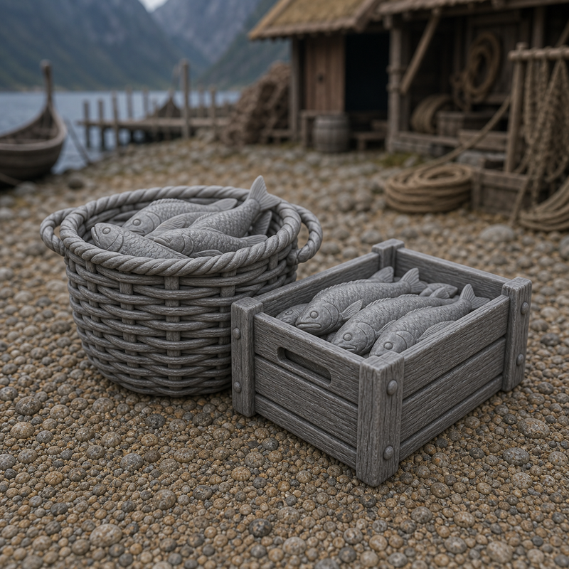 Fish Basket Crate - Viking woven crate of cleaned fish ready for trade, 1:35 scale grey resin miniature.