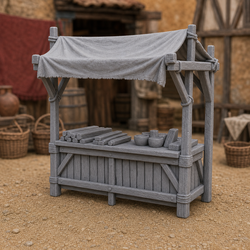 Timber Market Stall - early medieval wooden market stall with plank counter and posts, 1:35 scale grey resin miniature.
