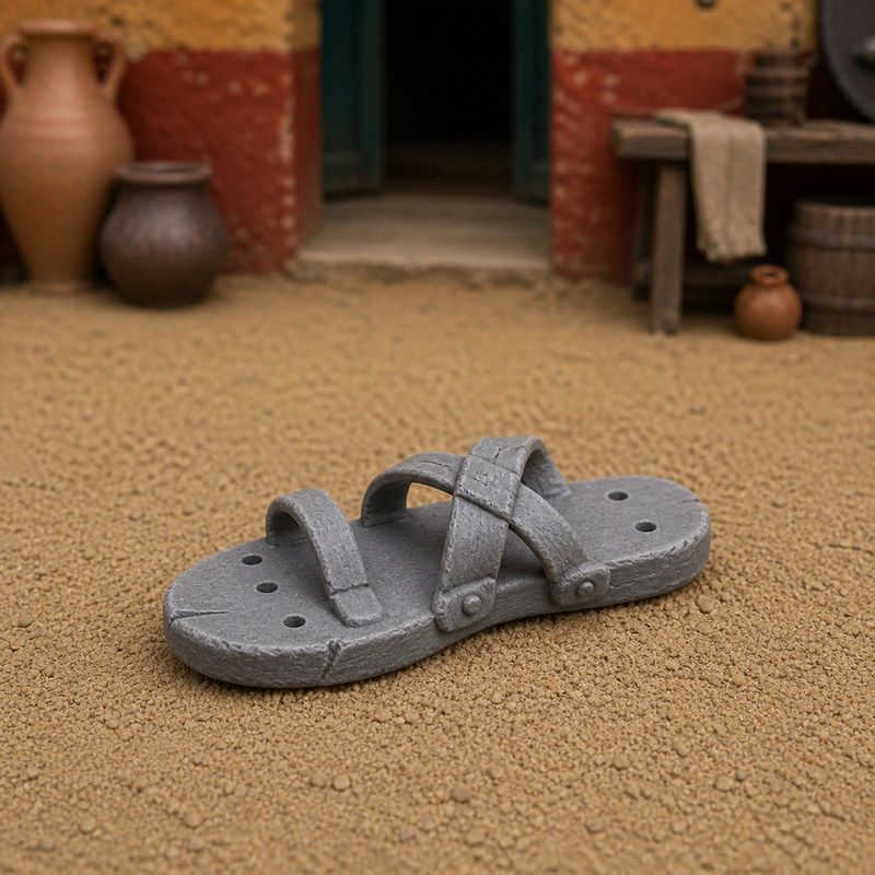 Sandal Repair Piece — Roman sandal mid-repair on a small workshop block, 1:35 scale grey resin miniature.