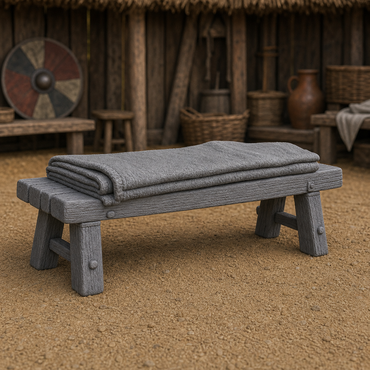 Sleeping Bench With Blanket - rough Anglo-Saxon barracks plank bench with folded woolen blanket fused on top, 1:35 scale grey resin miniature.