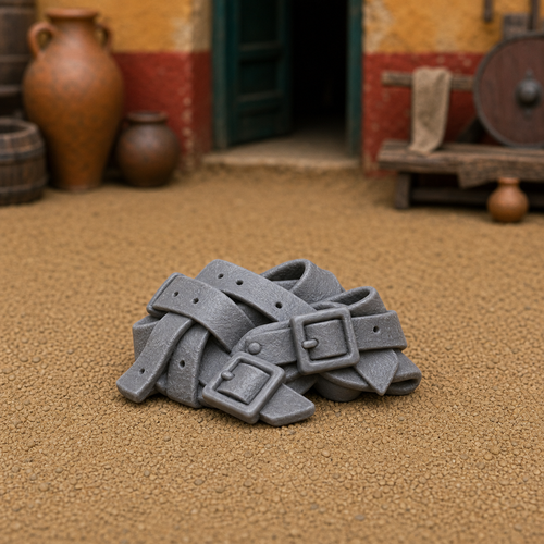 Buckle and Strap Bundle — Roman iron buckles and leather straps bundled for workshop use, 1:35 scale grey resin miniature.