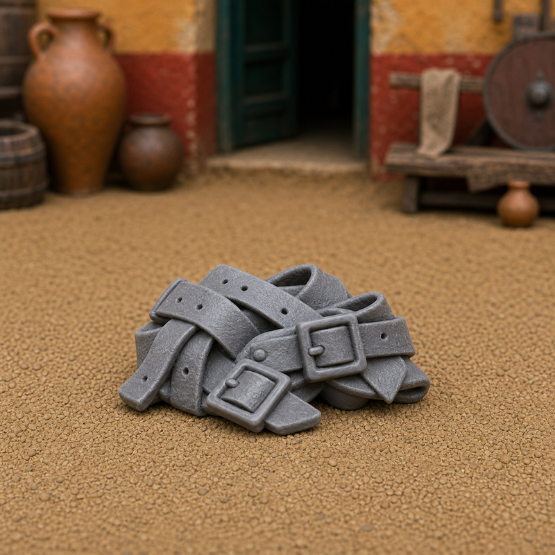 Buckle and Strap Bundle — Roman iron buckles and leather straps bundled for workshop use, 1:35 scale grey resin miniature.
