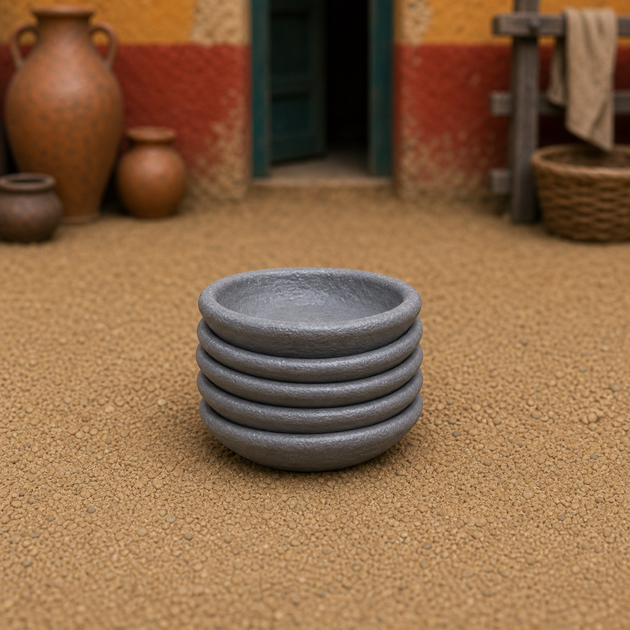 Stacked Bowls — pile of Roman ceramic bowls ready for sale, 1:35 scale grey resin miniature.