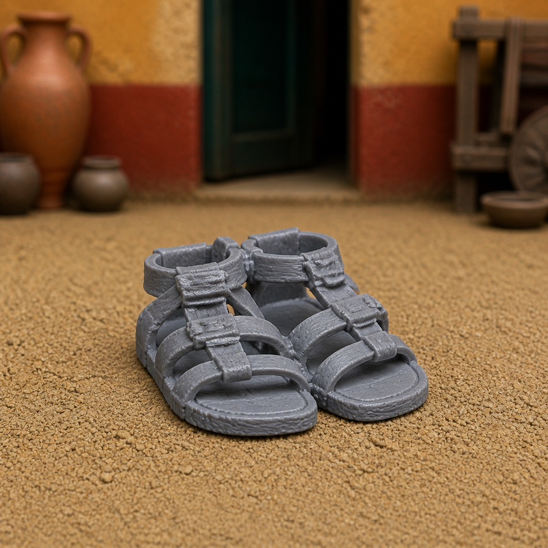 Worn Sandal Pair - pair of Roman sandals fused at the contact point, 1:35 scale grey resin miniature.