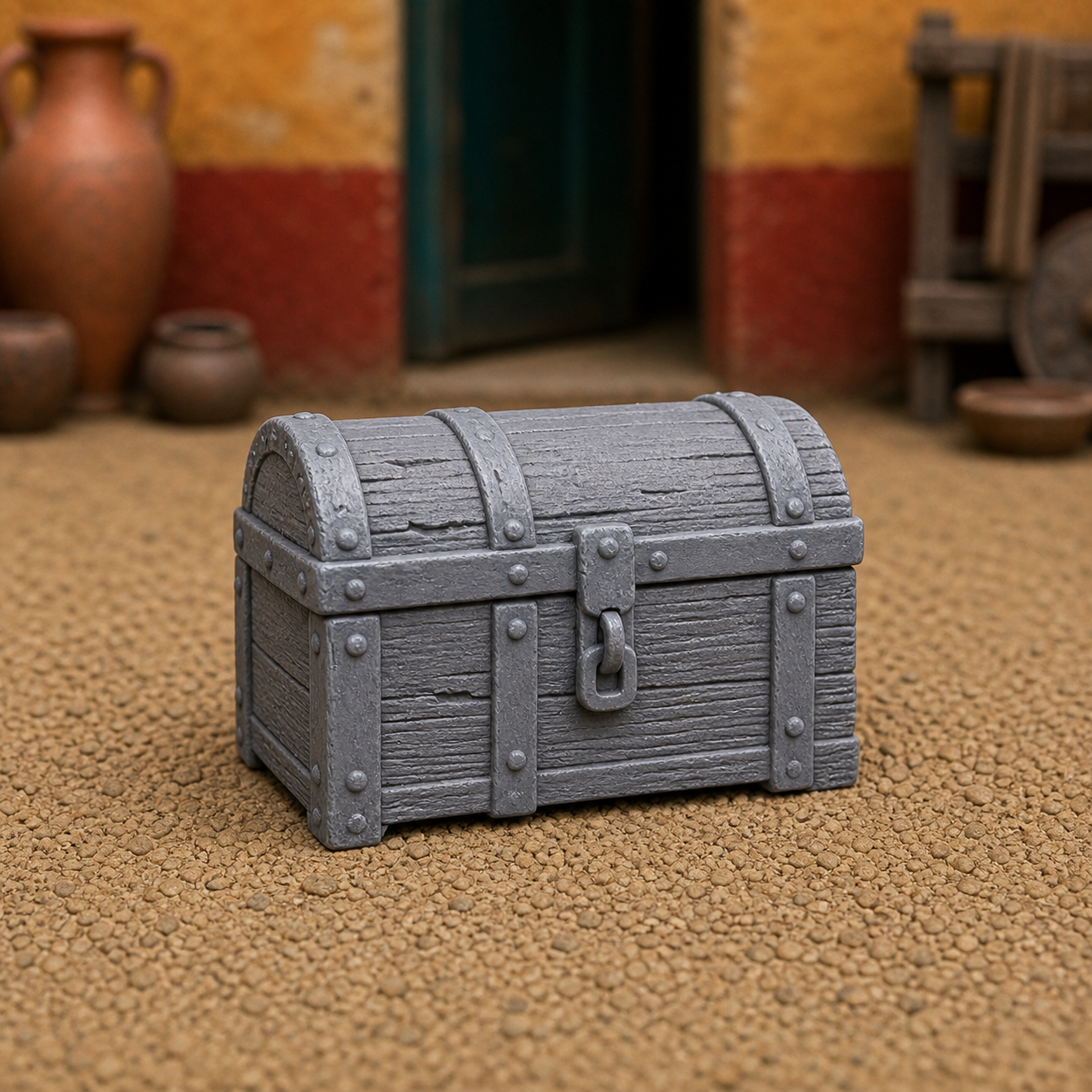 Doorstep Storage Chest - small banded wooden chest by a doorway, 1:35 scale grey resin miniature.