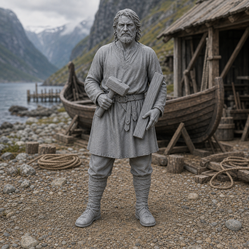 Boatwright Worker - Viking-Age boat builder leaning over a clinker plank with a small adze, 1:35 scale grey resin miniature.