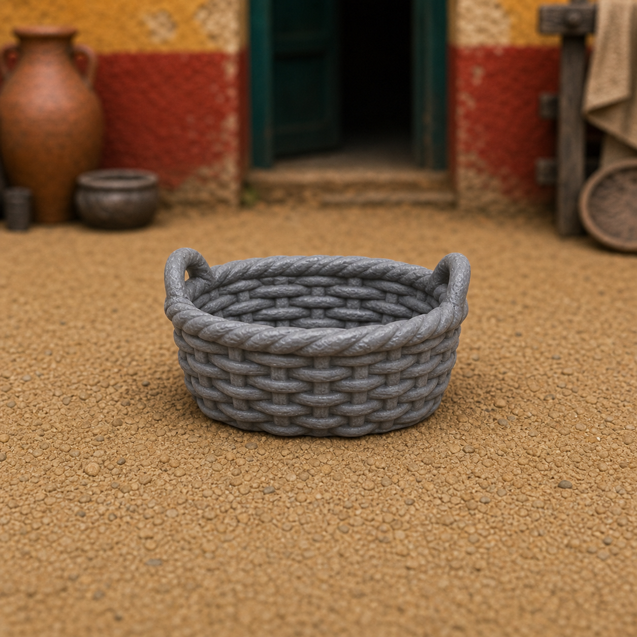 Small Empty Wicker Basket — Roman everyday wicker basket, 1:35 scale grey resin miniature.