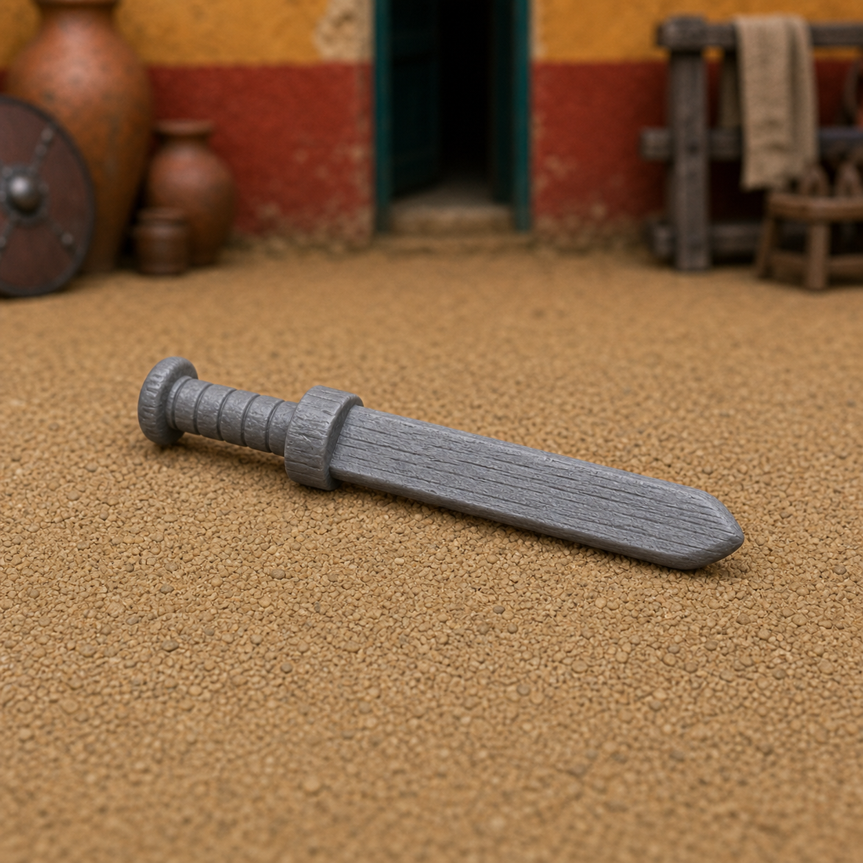Wooden Practice Sword — Roman gladius ligneus weighted training blade, 1:35 scale grey resin miniature.