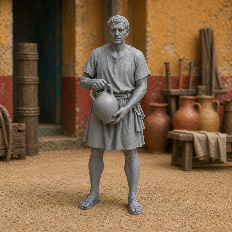Water Carrier — Roman ludus support attendant, 1:35 scale grey resin miniature, carrying a clay water jug across the training yard.