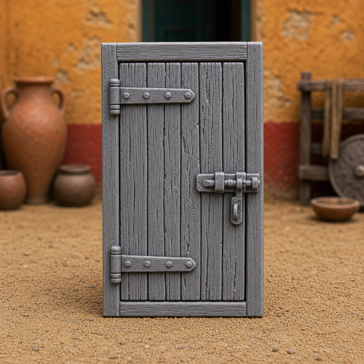 Roman Wooden Door - single weathered plank door with iron hinges and frame, 1:35 scale grey resin miniature.