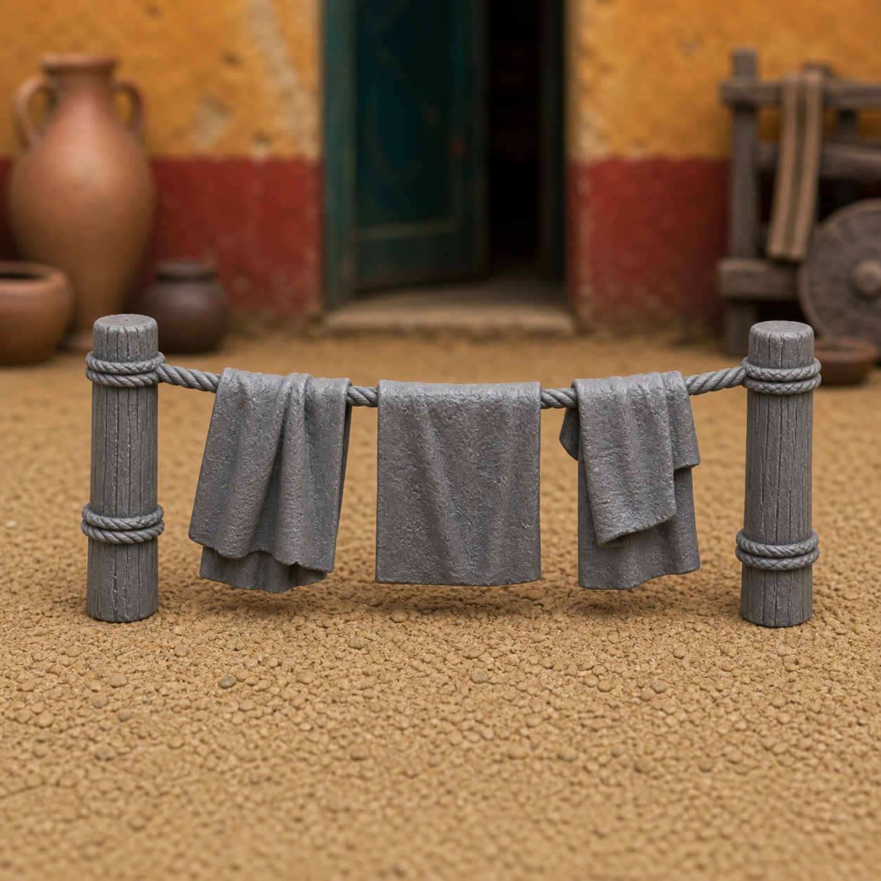 Laundry Line Bundle - hanging cloths on a rope between two posts, 1:35 scale grey resin miniature.