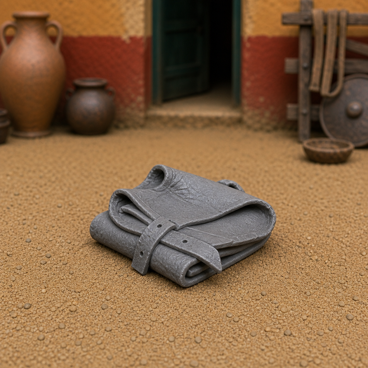 Leather Apron Fold — Roman sutor craftsman's leather apron folded on bench, 1:35 scale grey resin miniature.