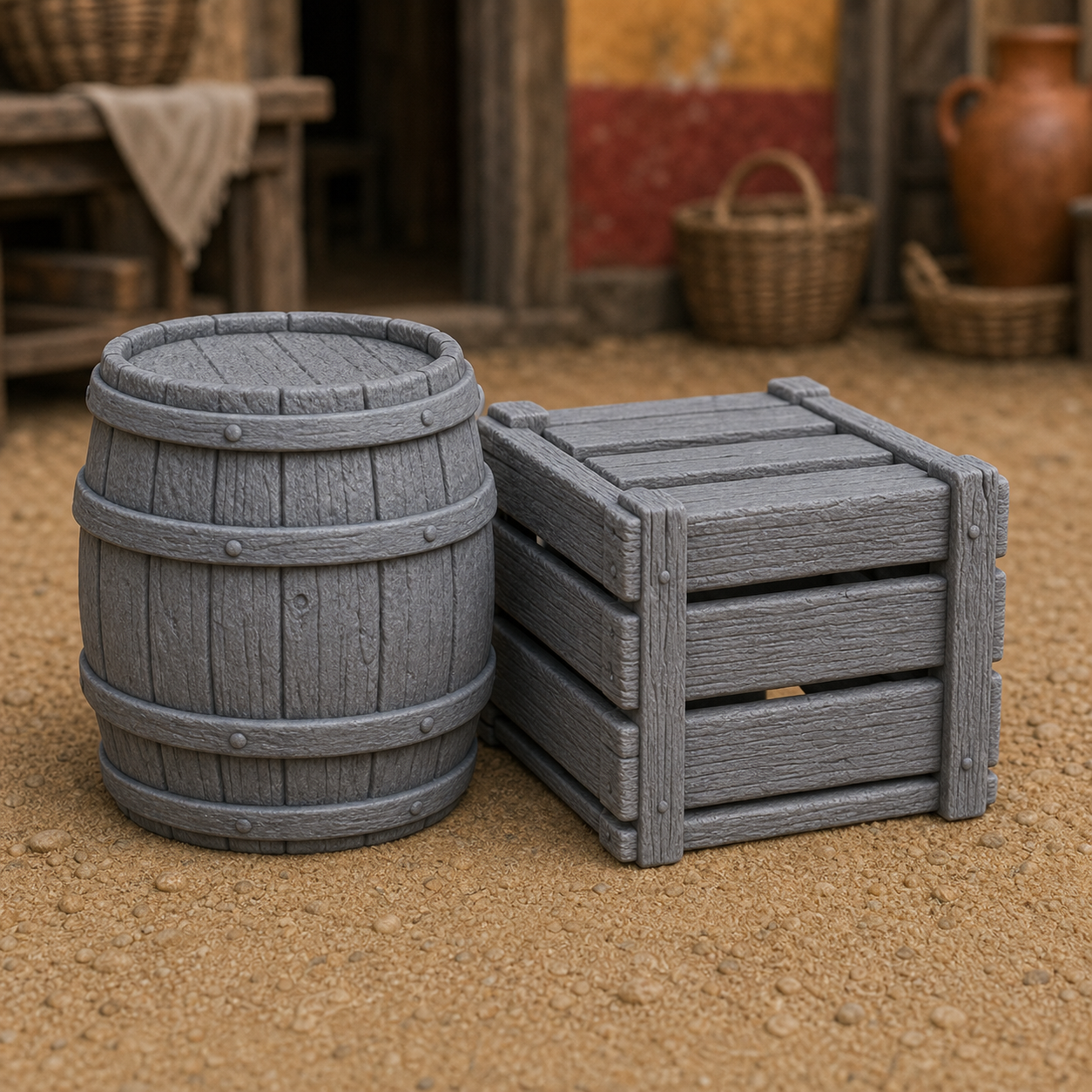 Barrel And Crate Pair - early medieval wooden barrel beside a planked crate, 1:35 scale grey resin miniature.