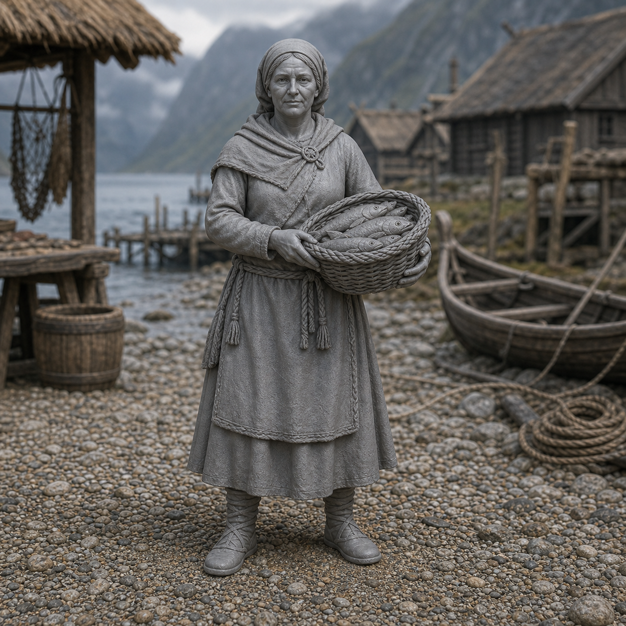 Fishmonger Woman With Basket - Viking-Age woman trader carrying a wide woven basket of cleaned fish on the hip, 1:35 scale grey resin miniature.
