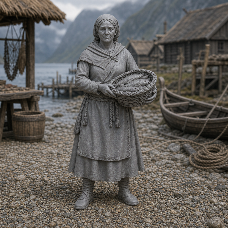 Fishmonger Woman With Basket - Viking-Age woman trader carrying a wide woven basket of cleaned fish on the hip, 1:35 scale grey resin miniature.