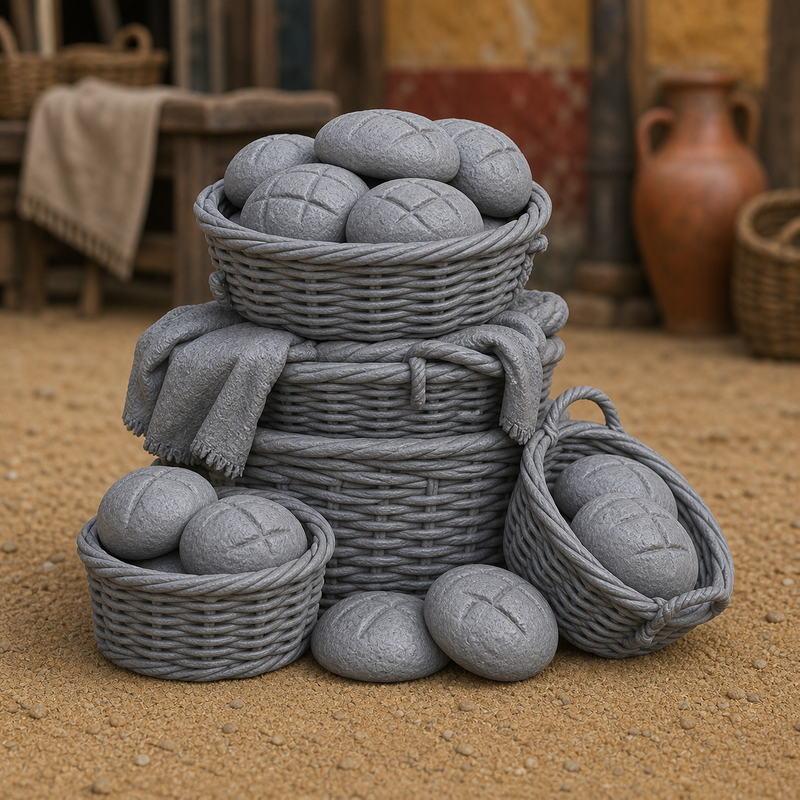 Bread Basket Stack - early medieval Parisian wicker baskets stacked with rye loaves, 1:35 scale grey resin miniature.