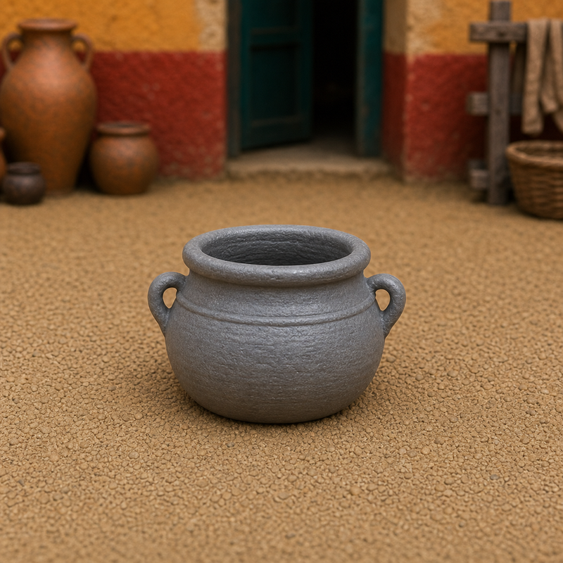 Roman Cooking Pot — ceramic olla with rounded body and rim, 1:35 scale grey resin miniature.