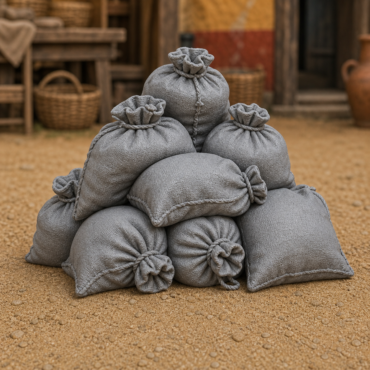 Grain Sacks Pile - early medieval Parisian pile of three bulging linen grain sacks, 1:35 scale grey resin miniature.