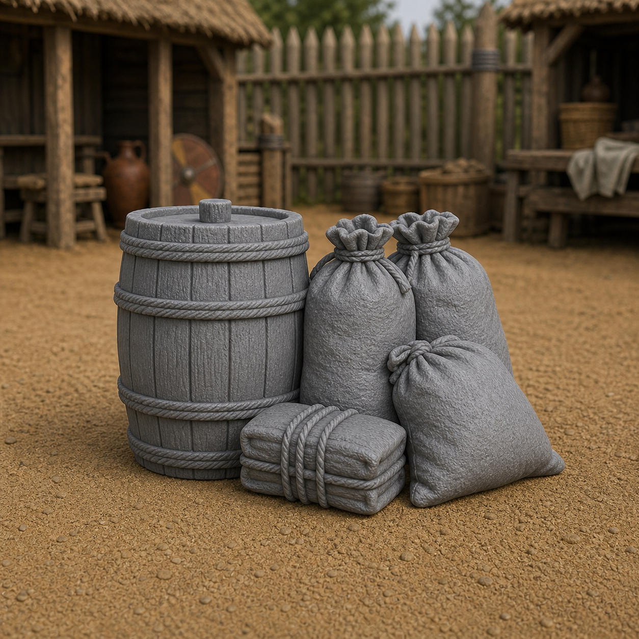 Grain Sack And Barrel Store - Anglo-Saxon barracks larder pile of grain sacks beside a banded barrel, 1:35 scale grey resin miniature.