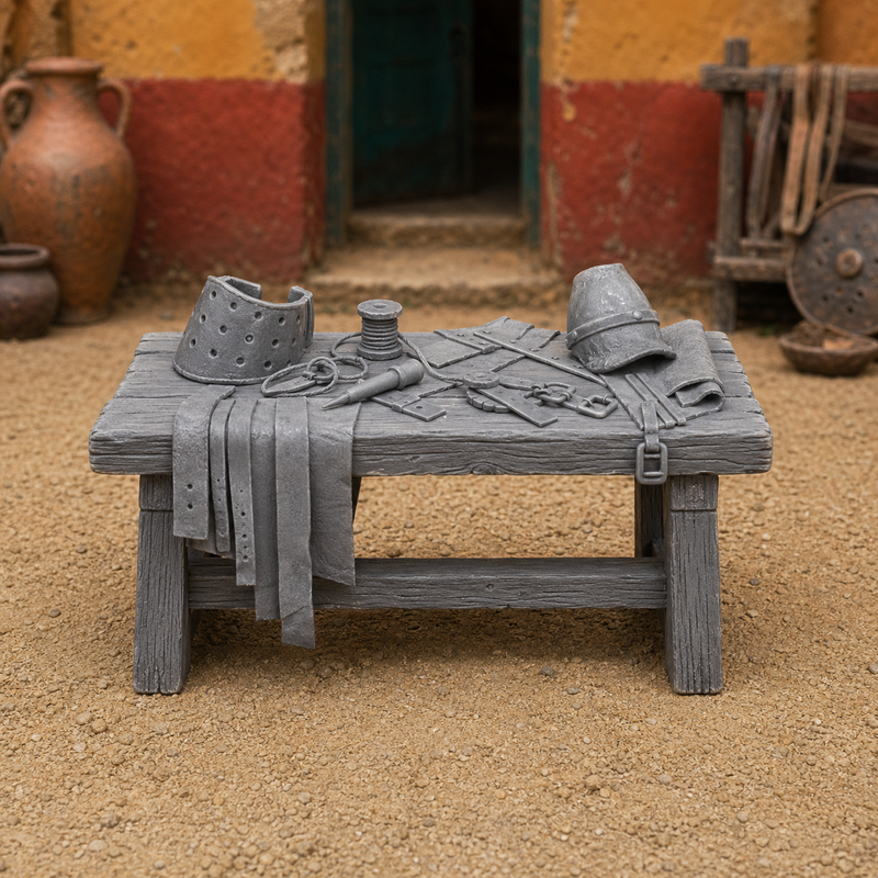 Leather Repair Bench — Roman ludus workshop bench with curved knife, awl, leather strips and iron buckles, 1:35 scale grey resin miniature.