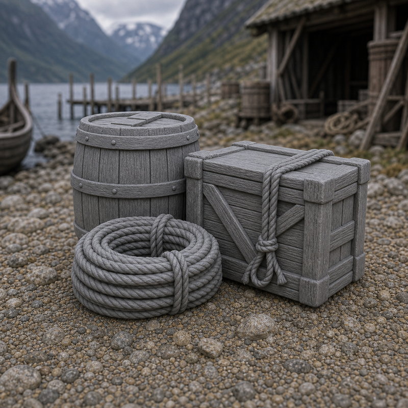 Rope Coil And Barrel Stack - Viking dock pile of rope coil resting on a banded barrel, 1:35 scale grey resin miniature.