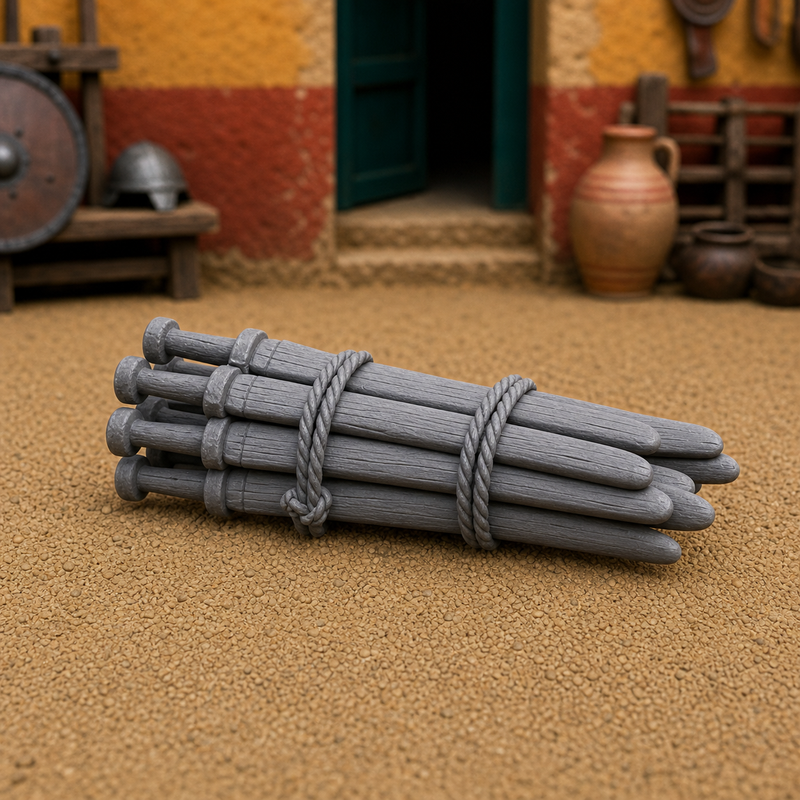 Bundle of Practice Swords — stacked Roman wooden gladii ligneii, 1:35 scale grey resin miniature.