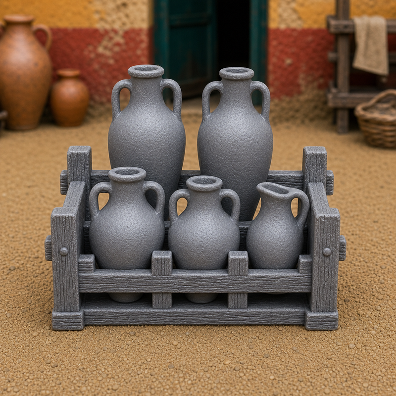 Amphora and Jug Set — Roman marketplace ceramic vessels including amphorae, urna, and small jugs, 1:35 scale grey resin miniature.