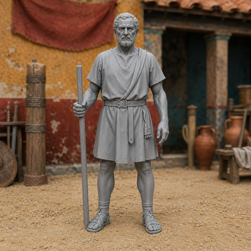 Doctore Trainer — Roman gladiator school instructor, 1:35 scale grey resin miniature, plain tunic, training staff, weathered face.