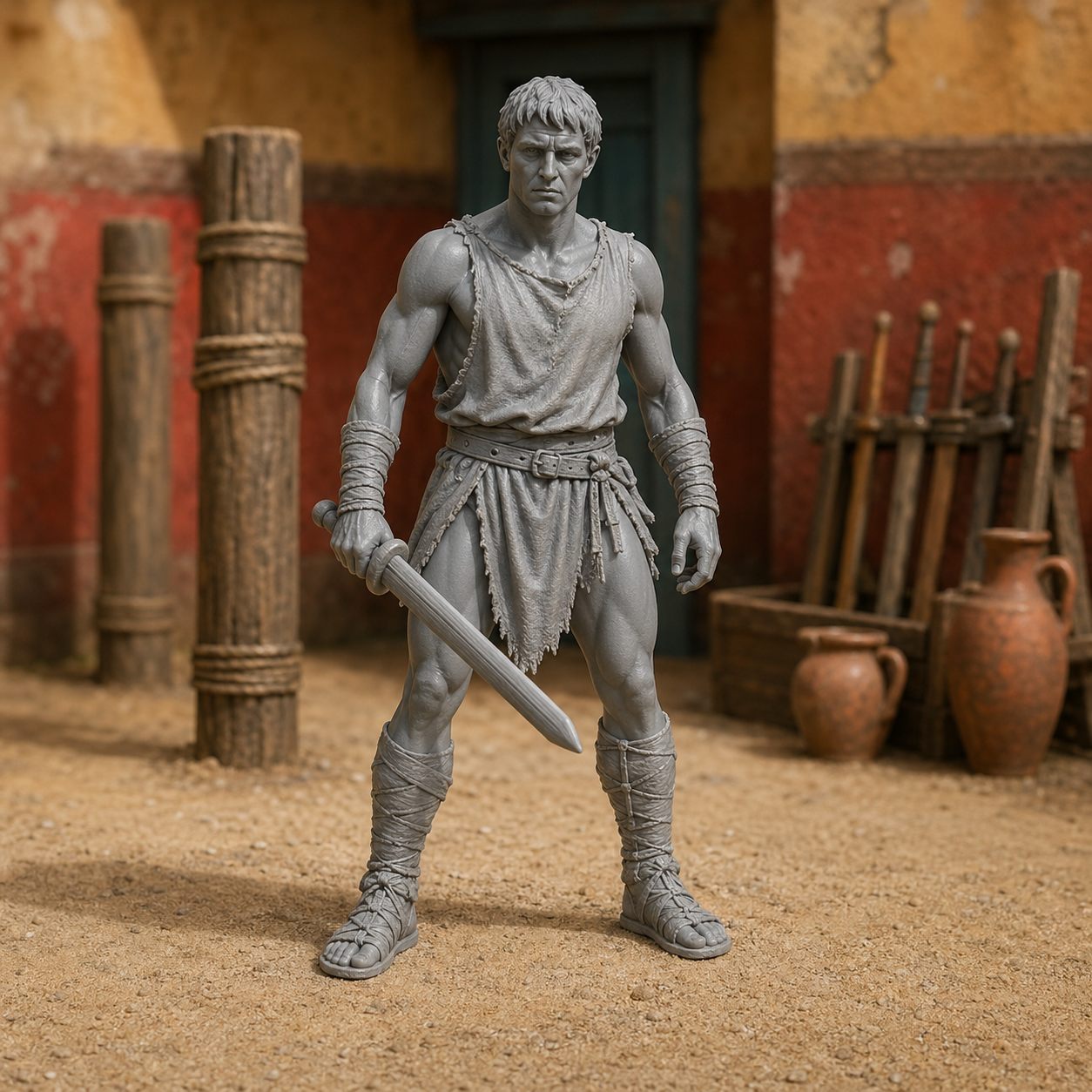 Gladiator Trainee with Wooden Sword — Roman ludus recruit drilling against the palus, 1:35 scale grey resin miniature, short tunic, wooden practice gladius.