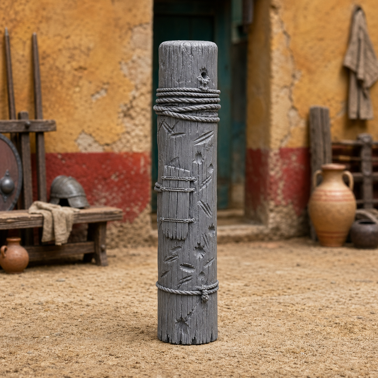 Ludus Training Post — Roman wooden palus practice post, 1:35 scale grey resin miniature, weathered surface with rope and cut marks.
