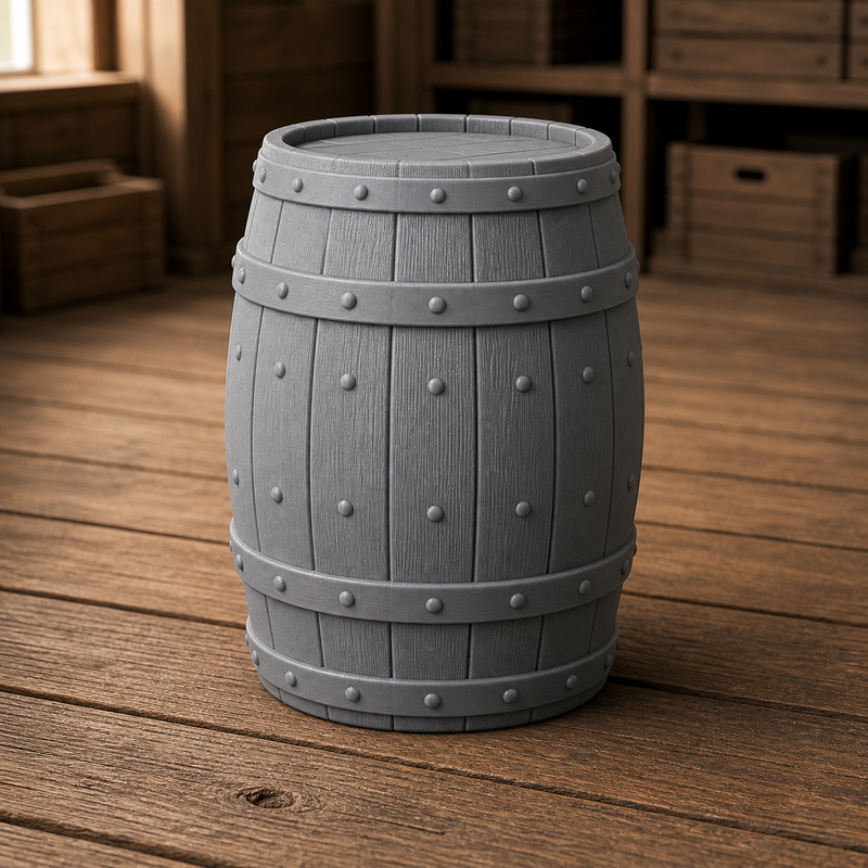Riveted Barrel - reinforced cargo barrel with extra iron rivets and bands, 1:35 scale grey resin miniature.