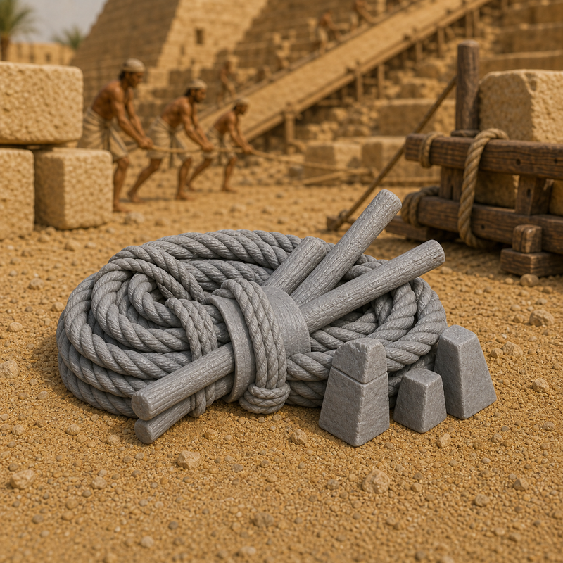 Rope Coil And Lever Bundle - Old Kingdom Egyptian coil of palm-fibre rope beside a bundle of wooden levers, 1:35 scale grey resin miniature.