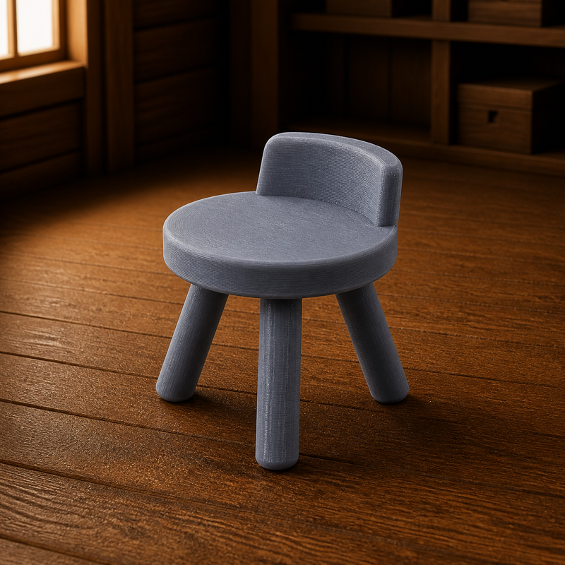 Rustic Three Leg Stool Chair - simple three-legged rustic wooden stool, 1:35 scale grey resin miniature.