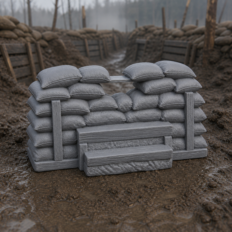 Sandbag Firing Step Section - WW1 trench firing step built up of sandbags with timber edge, 1:35 scale grey resin miniature.