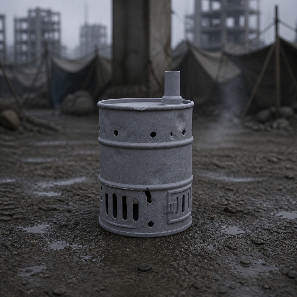 Scrap Barrel Stove - near-future apocalypse improvised oil-drum stove with crude chimney, 1:35 scale grey resin miniature.