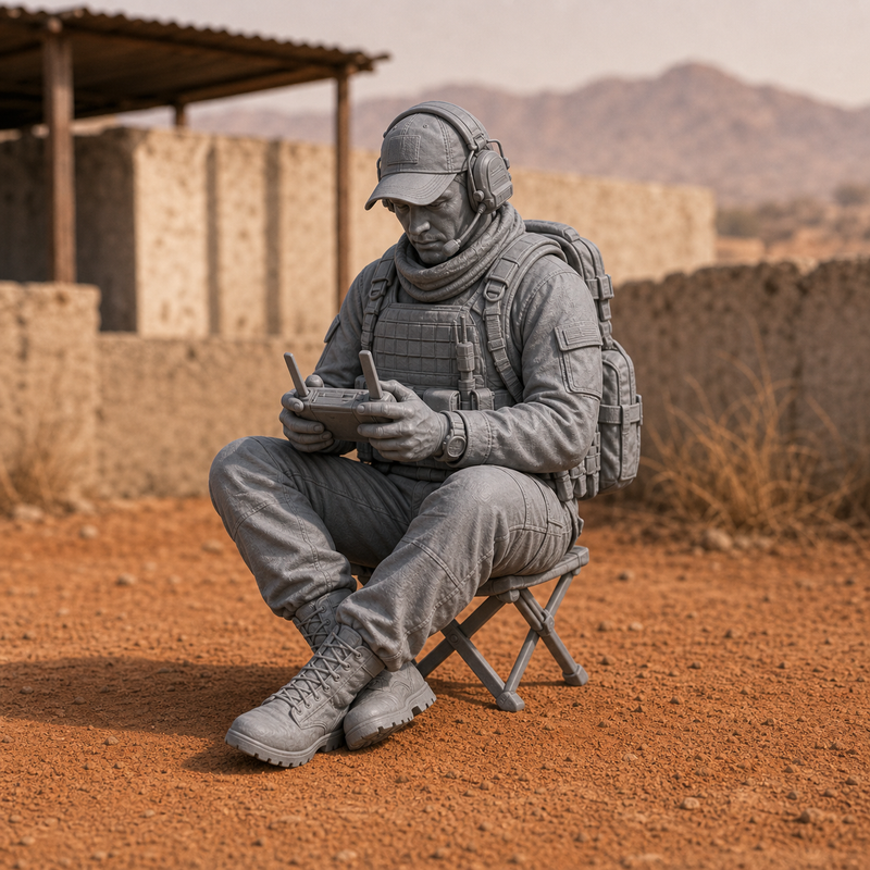 Seated Drone Controller - modern Sahel drone operator seated with handheld controller and tablet, 1:35 scale grey resin miniature.