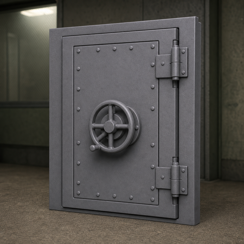 Secure Safe Door Section - Cold War Soviet secure office safe door fragment with dial and wheel, 1:35 scale grey resin miniature.