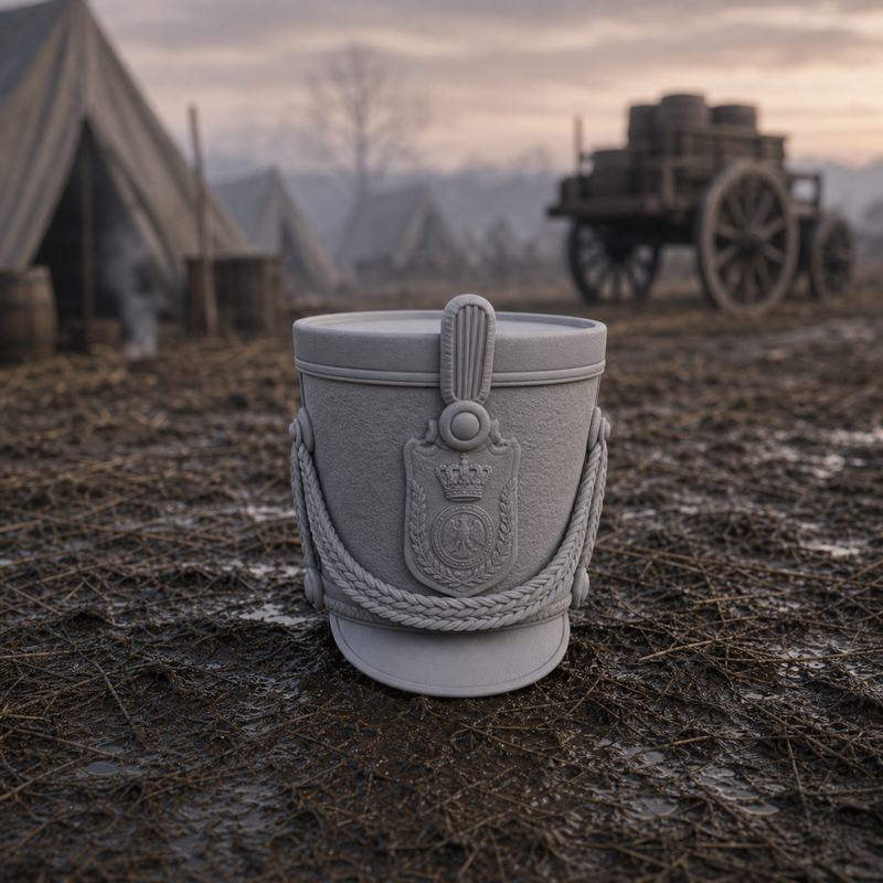 Shako Helmet - Napoleonic French infantry shako set down at a field camp, 1:35 scale grey resin miniature.