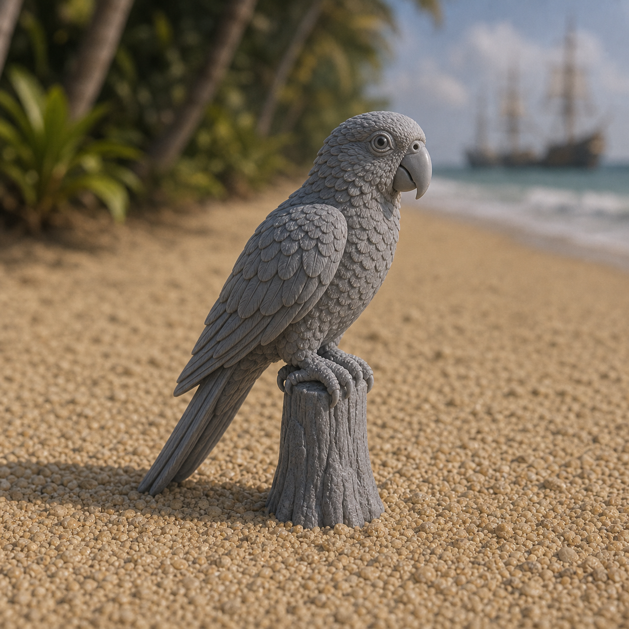 Shore Parrot Perched - Caribbean parrot perched on a branch fragment, 1:35 scale grey resin miniature.