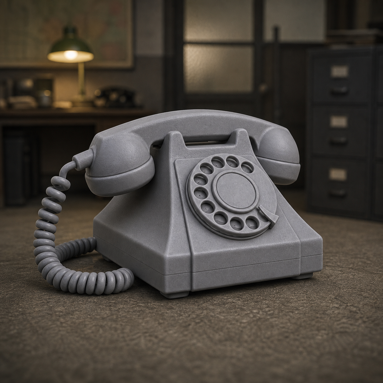 Soviet Rotary Telephone - Cold War Soviet bakelite rotary desk telephone, 1:35 scale grey resin miniature.