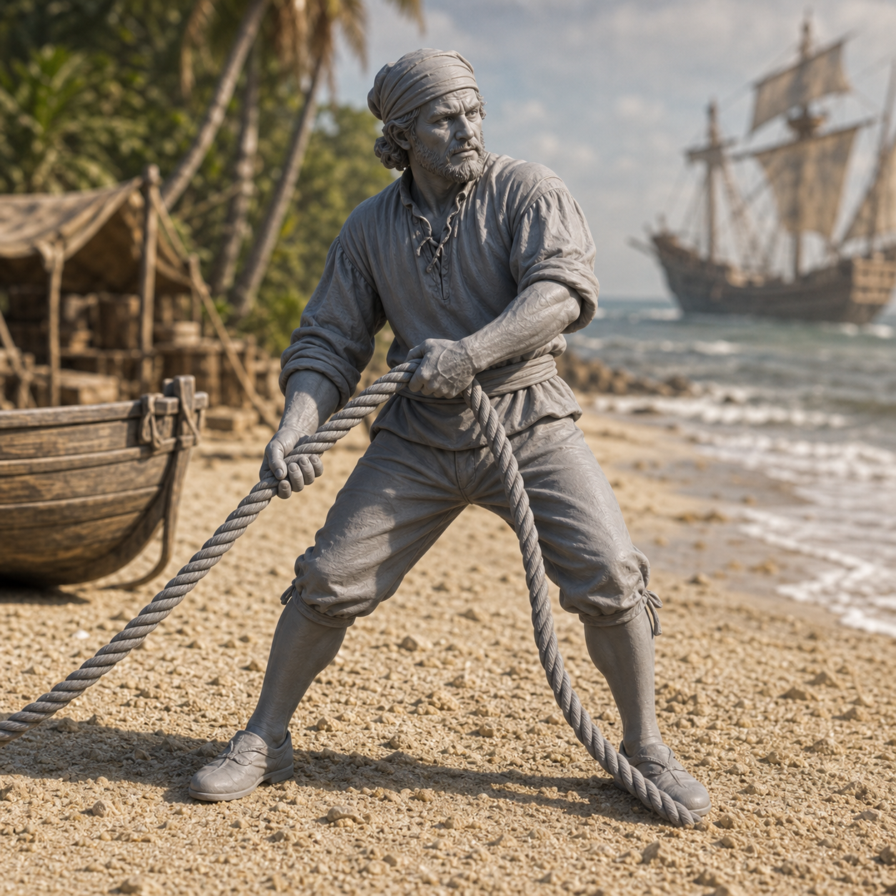Spanish Sailor Hauling Rope - 1492 Spanish caravel sailor hauling rope, 1:35 scale grey resin miniature.