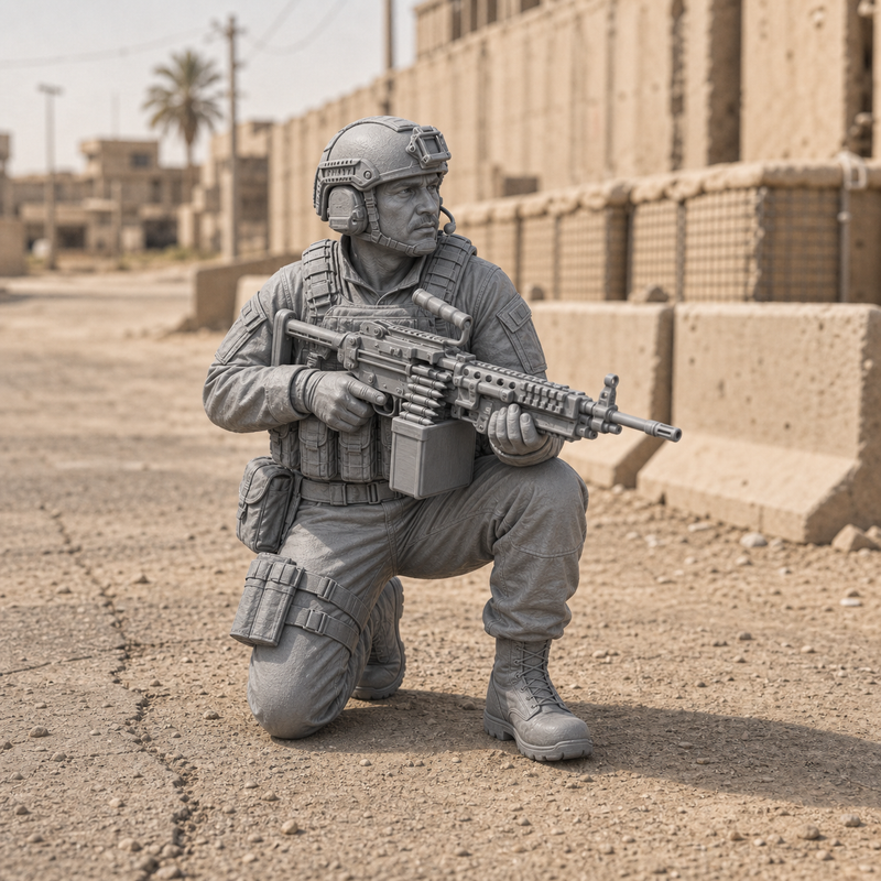 Squad Automatic Gunner Kneeling - modern infantry SAW gunner kneeling with light machine gun, 1:35 scale grey resin miniature.
