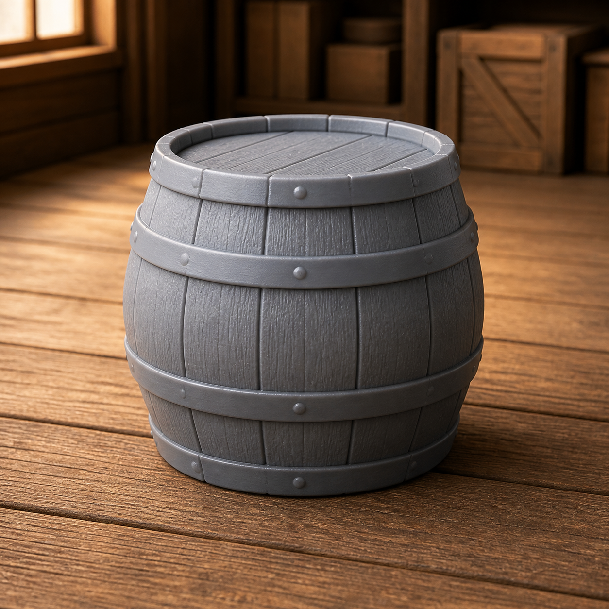 Squat Ale Barrel - short, wide ale or beer barrel with iron hoops, 1:35 scale grey resin miniature.